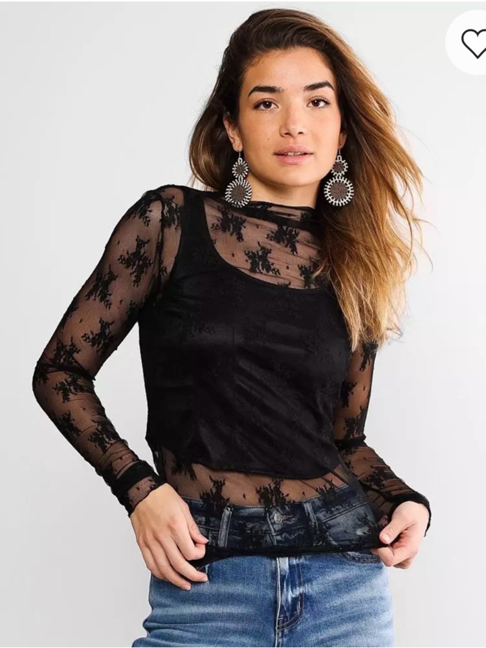 Free People Lady Lux Black Sheer Floral Lace Long-Sleeve Top